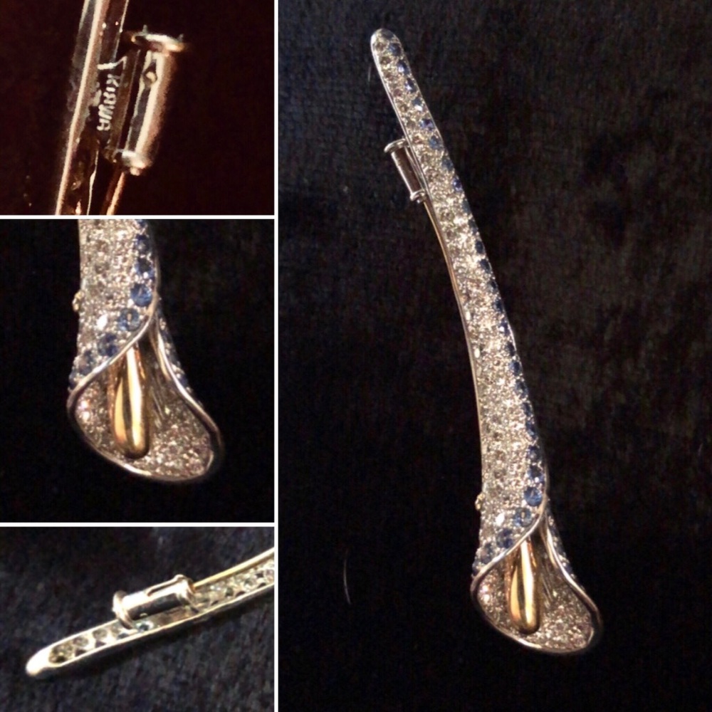 Calla Lilly Brooch: 18k gold, diamonds, sapphires.
